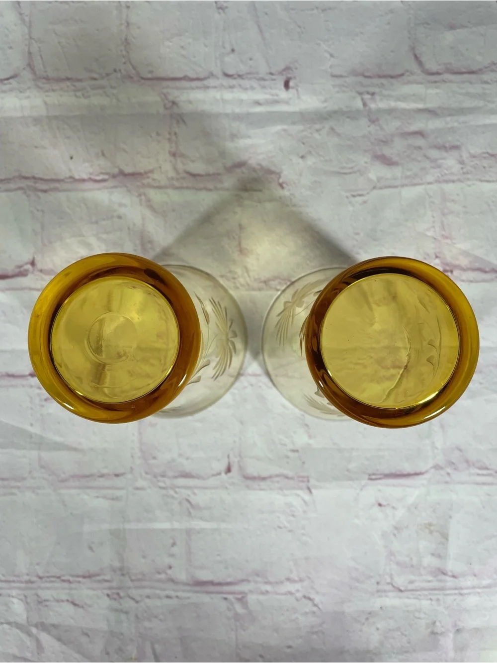 Vintage Amber Glass Etched Floral Tumbler Pair